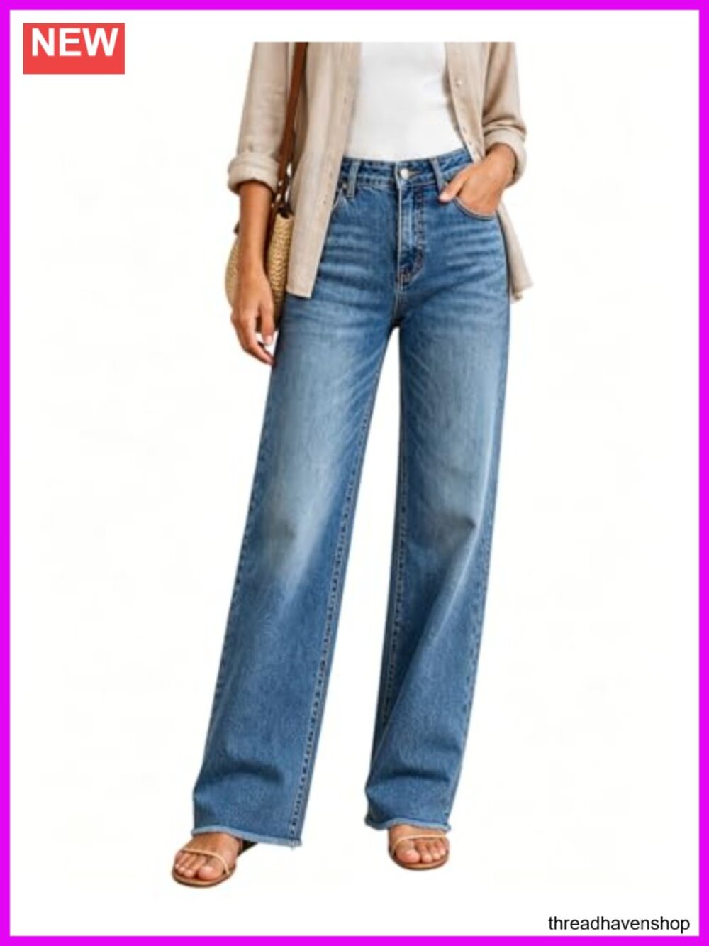 Women's High Waisted Stretchy Straight Leg Jeans Loose Fit Tummy Control Raw